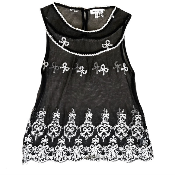🆕 MONTEAU Black Mesh Cream Embroidered Top NWT - Picture 1 of 10